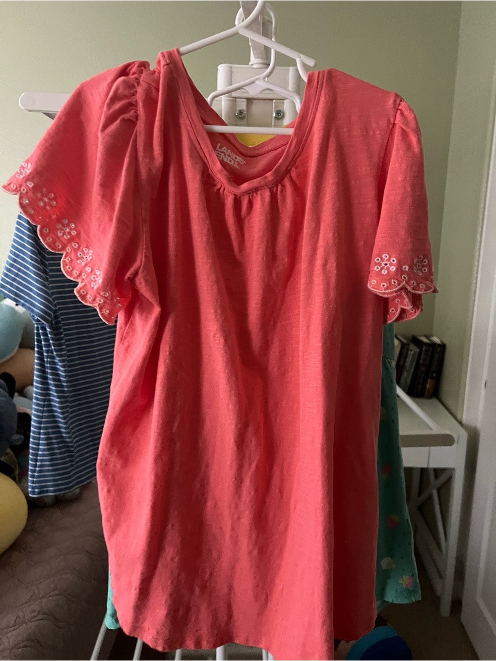 Lands End Coral Eyelet Sleeve Cotton Top